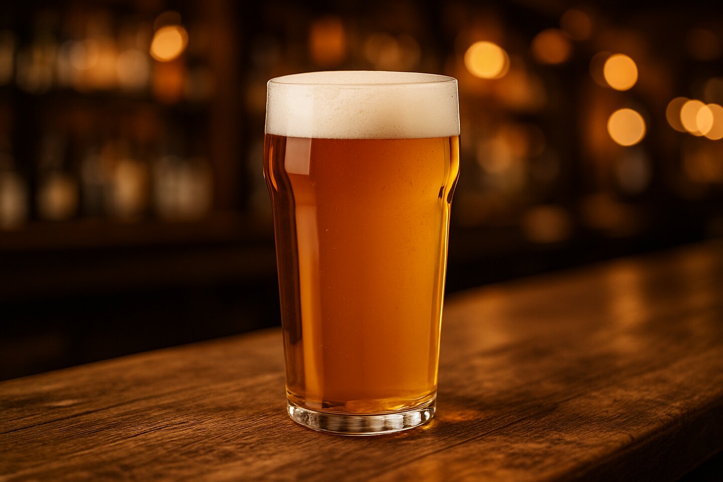 Half bierglas met goudkleurig bier op een houten bar in een warme, gezellige kroeg
